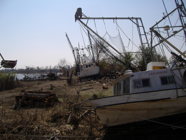 Shrimp boats on the shore following Katrina