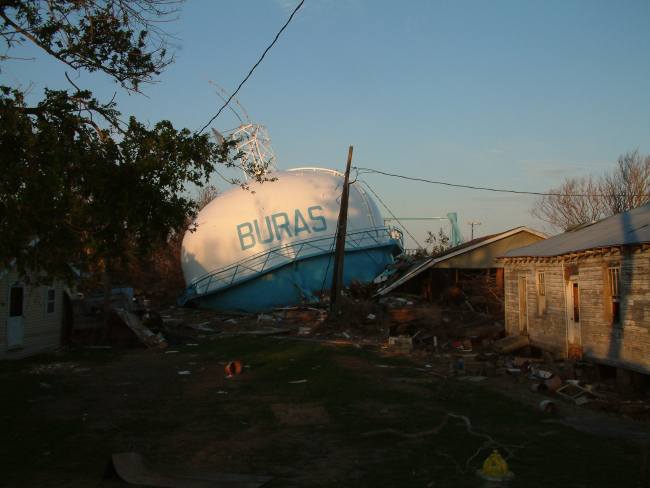 Buras water tower on the ground after Katrina