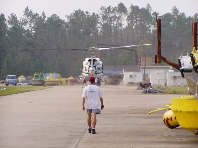 A NOAA helicopter landing at the NWS National Data Buoy Center followingpassage of Hurricane Katrina