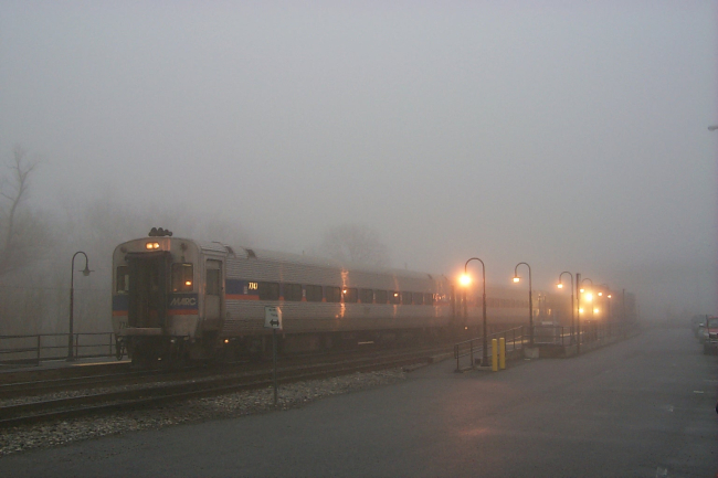 MARC commuter train in the fog at Brunswick, MD early on a workday morning