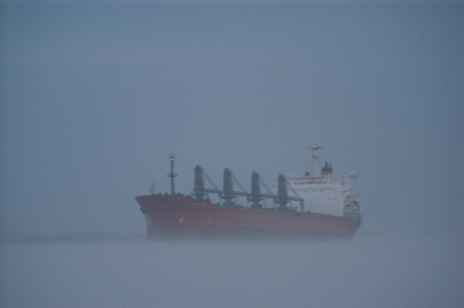 A large ship appears out of the fog heading up the Mississippi River