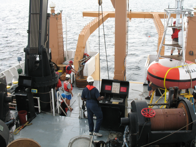 Following passage of the waterspout, the crew prepares to drop the anchorfor the TAO buoy