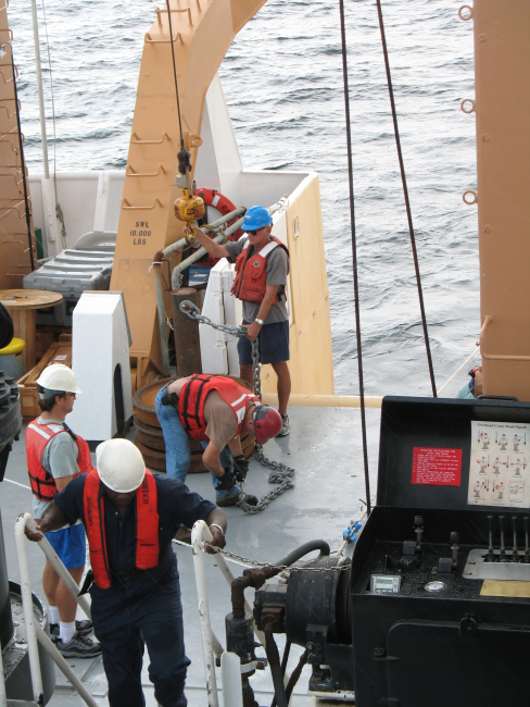 Following passage of the waterspout, the crew prepares to drop the anchorfor the TAO buoy
