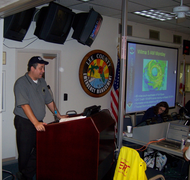 Meteorologist Daniel Noah, NWS Tampa Bay Area, provides a weather briefingto the Lee County Emergency Operations Center just before Hurricane Wilmamakes landfall in southwest Florida