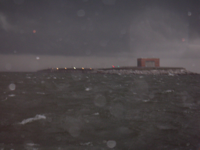 View of the north end of the Chesapeake Bay Bridge Tunnel from surveylaunch 3102 while in the midst of a thunderstorm