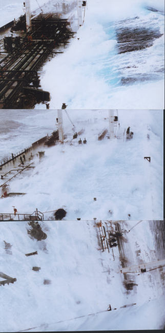 Rogue wave sequence showing 60-foot plus wave hitting tanker headed southfrom Valdez, Alaska