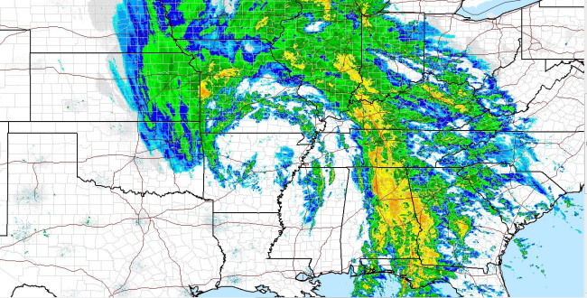 Radar image of a Christmas storm affecting the much of the eastern United States