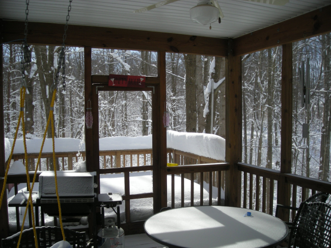 The wind blew sufficiently hard to blow through porch screens and cover tableand other items with snow