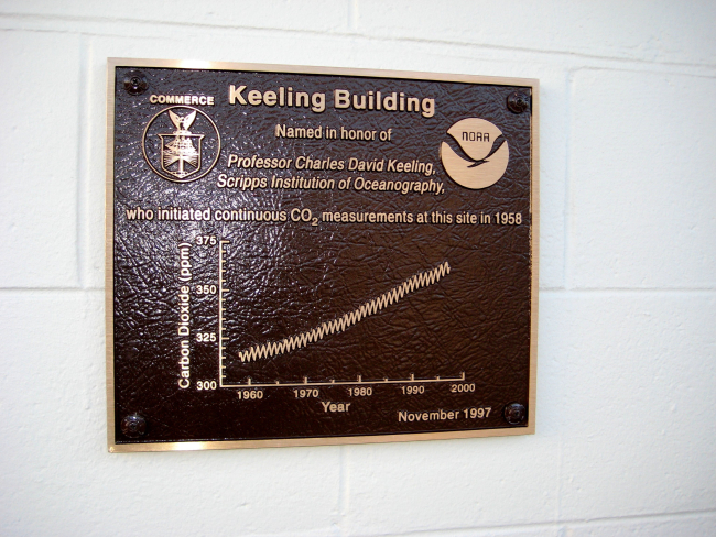 Plaque honoring the Keeling Curve of global carbon dioxide rise at the KeelingBuilding at the Mauna Loa Observatory