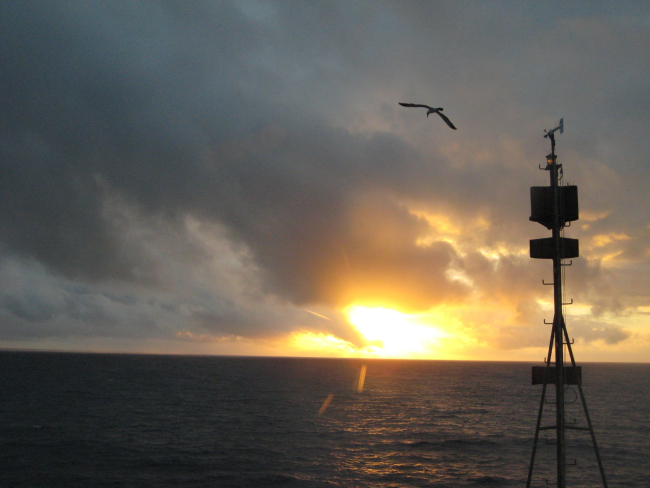 A blazing sunset at sea as the NOAA Ship HI'IALAKAI is seemingly led to thewest by a booby flying over the jackstaff