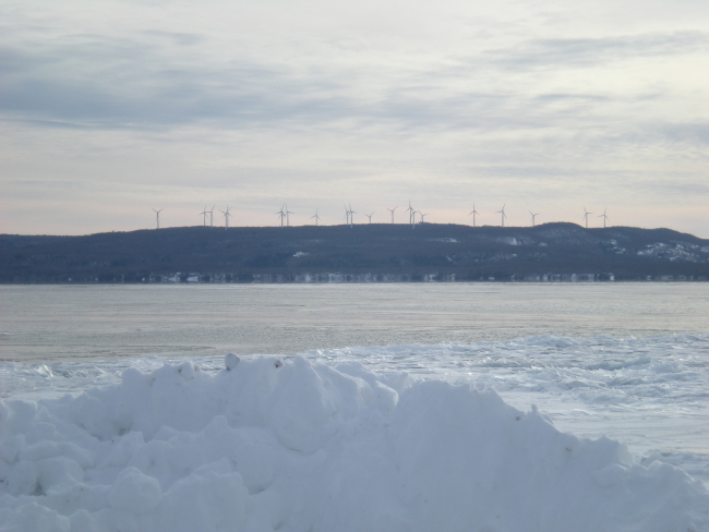 Prince Township Windfarm seen looking across Whitefish Bay to Ontario