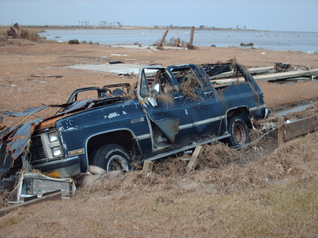 Storm surge damage caused by Hurricane Ike - SUV on Bolivar Peninsula