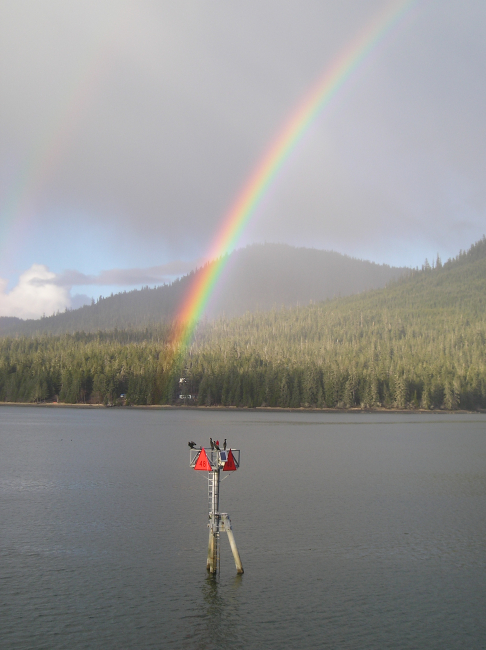 Rainbow seen over daymark 48 while cormorants take in the view in  WrangellNarrows