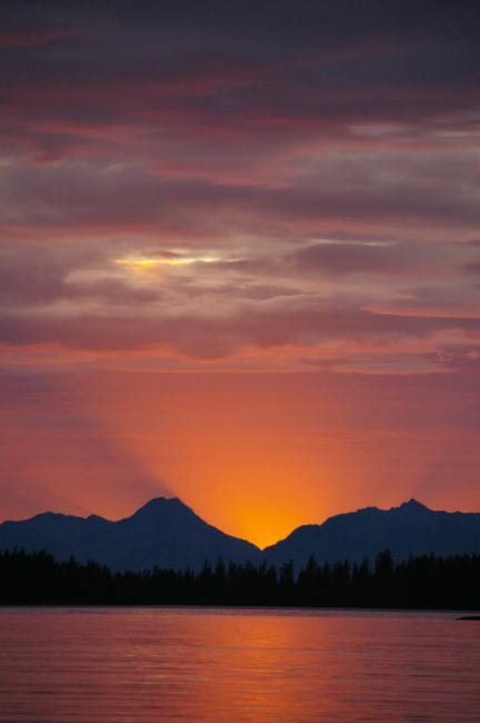 A golden Alaskan sunset seen from a quiet cove