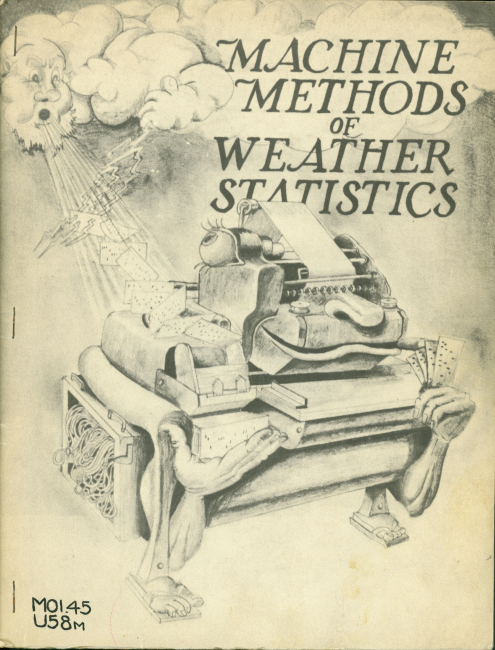 Cover of a 1949 pamphlet produced by the Air Weather Service of theUnited States Air Force discussing processing ofweather statistics by embryonic computers and paper punch card methods