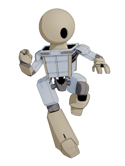 An illustration of a superhero with a round head and a robotic body. It looks like it's in jumping in midair making a fist with its robotic right hand and bending its left leg. 
