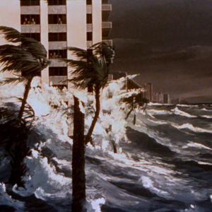 Artist's rendition of safe people in high-rise observing storm surge