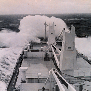 Merchantman WINTER WATER takes heavy seas on the bow from tropicalstorm Georgette