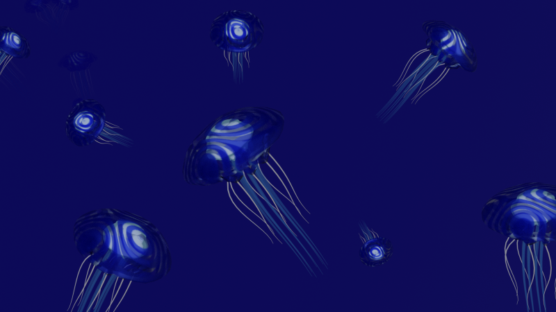 Jellyfish are rendered in 3D. They appear to have a swirling sphere surrounded by a translucent covering on the sides and bottom. Several tentacles hang down from the top.