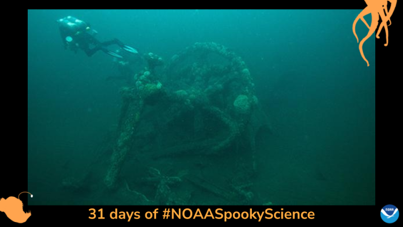 Stern section of City of Atlanta shipwreck. Border of the photo is black with orange sea creature graphics of octopus tentacles and an anglerfish. Text: 31 days of #NOAASpookyScience.