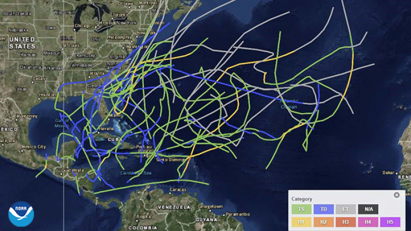 The tracks of tropical storms and hurricanes over the Atlantic basin during the offseason months of December to May 1851-2017.