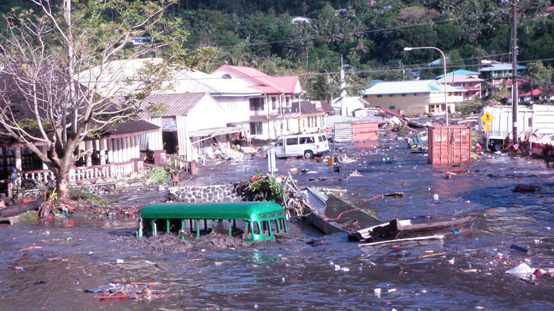 A tsunami inundates Pago Pago in American Samoa in September 2009.