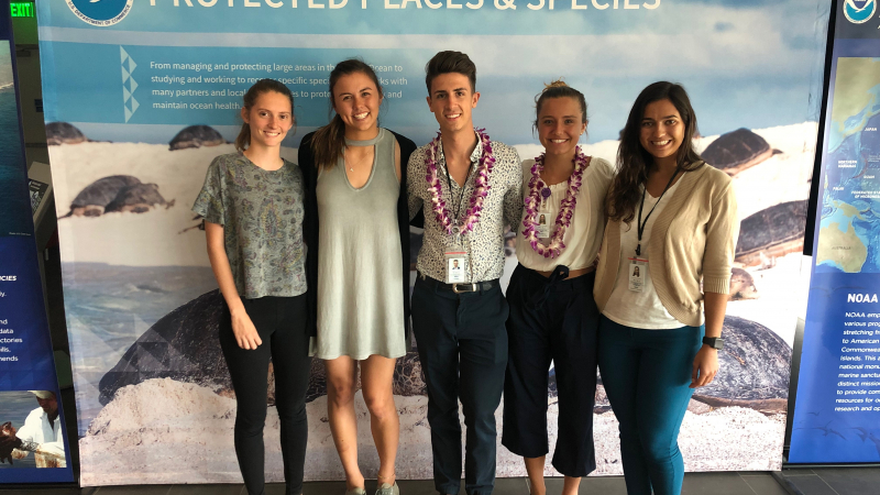 Class of 2018 Hollings scholars interning in Hawaii gather for a photo at the Inouye Regional Center (IRC) in Pearl Harbor, Honolulu. From left to right: Sarah Glover, Madison Pickett, Mark Haver, Mia Silverberg, and Jen Magi.