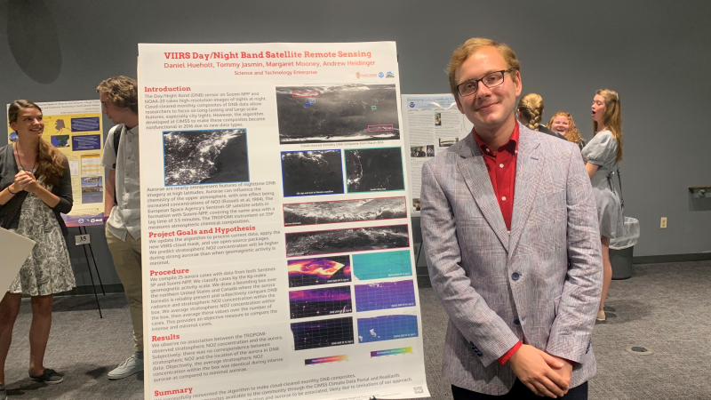 Daniel Hueholt, a 2018 NOAA Hollings scholar, presents his research at the NOAA Student Science and Education Symposium at NOAA Headquarters in Silver Spring, Maryland. Hueholt worked with the National Environmental Satellite, Data, and Information Service during his internship in Madison, Wisconsin.