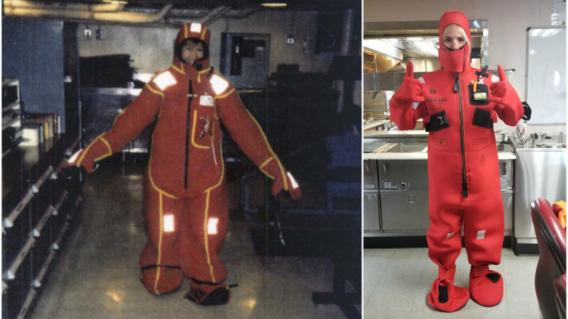 A collage of two photos in which Teachers at Sea in different eras try on bulky orange survival suits.