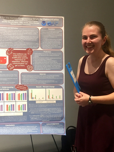 Laura Anderson, a 2018 NOAA Hollings scholar, presents her poster on Congressional communication at the NOAA Science and Education Symposium in Silver Spring, Maryland.