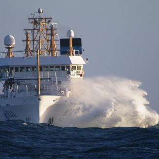 NOAA Ship Bell M. Shimada during the 2010 Pacific Hake Inter-Vessel Calibration off Eureka, CA.
