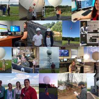 Collage of images of teens and young adults working with the National Weather Service, including launching weather balloons, touring airports, presenting research posters, working at computers, and taking notes on weather damage.