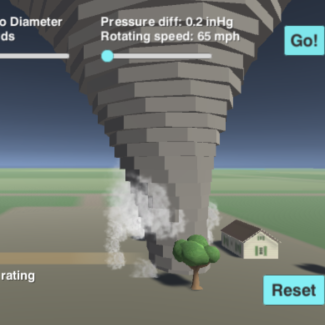 An animation of a tornado passing across an animated landscape. The user can control sliders of tornado diameter and wind speed.