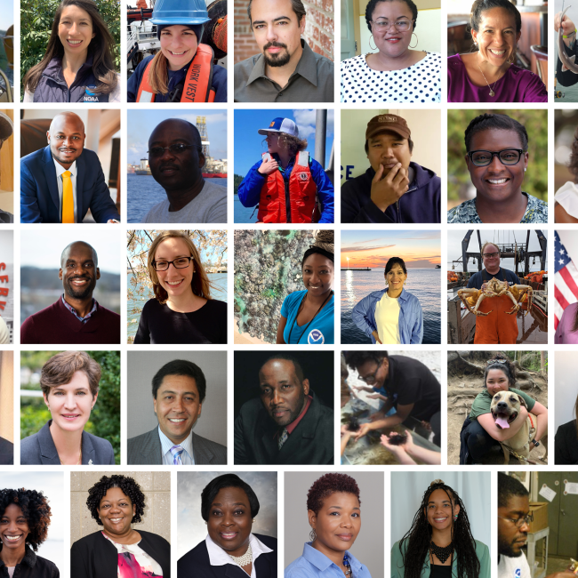 A grid of headshots showing a group of people that are diverse in appearance and setting. Some are professional headshots, others are taken on a boat or holding marine animals, and some are in NOAA Corps uniforms.