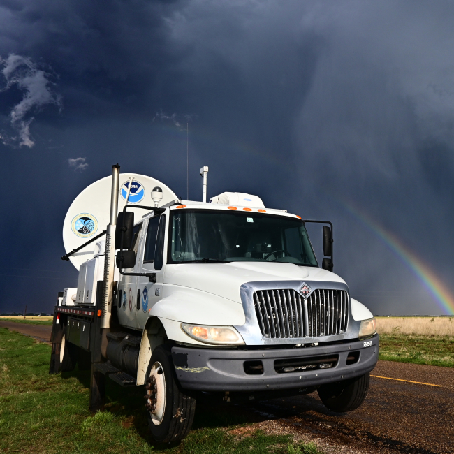 NOAA'S National Severe Storms Laboratory uses mobile radars to study tornadoes, hurricanes, dust storms, winter storms, mountain rainfall, and even swarms of bats. NOXP (seen above) is a mobile Doppler radar that also has dual-polarization capabilities. This information helps enhance forecasts of precipitation amounts and can be used to improve computer predictions of thunderstorms.