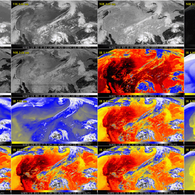 This GOES-19 image shows the contiguous United States observed by each of the ABI’s 16 channels on Aug. 30, 2024. This 16-panel image shows the ABI’s two visible, four near-infrared and 10 infrared channels. The visible and near-IR bands are gray-colored, while the infrared bands have the warmer brightness temperatures mapped to warmer colors. The different appearance of each band is due to how each band reflects or absorbs radiation. Each spectral band was scanned at approximately the same time, starting a